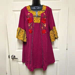 Umgee Floral Embroidery Boho Flare Sleeve Tunic Dress Sz Sm